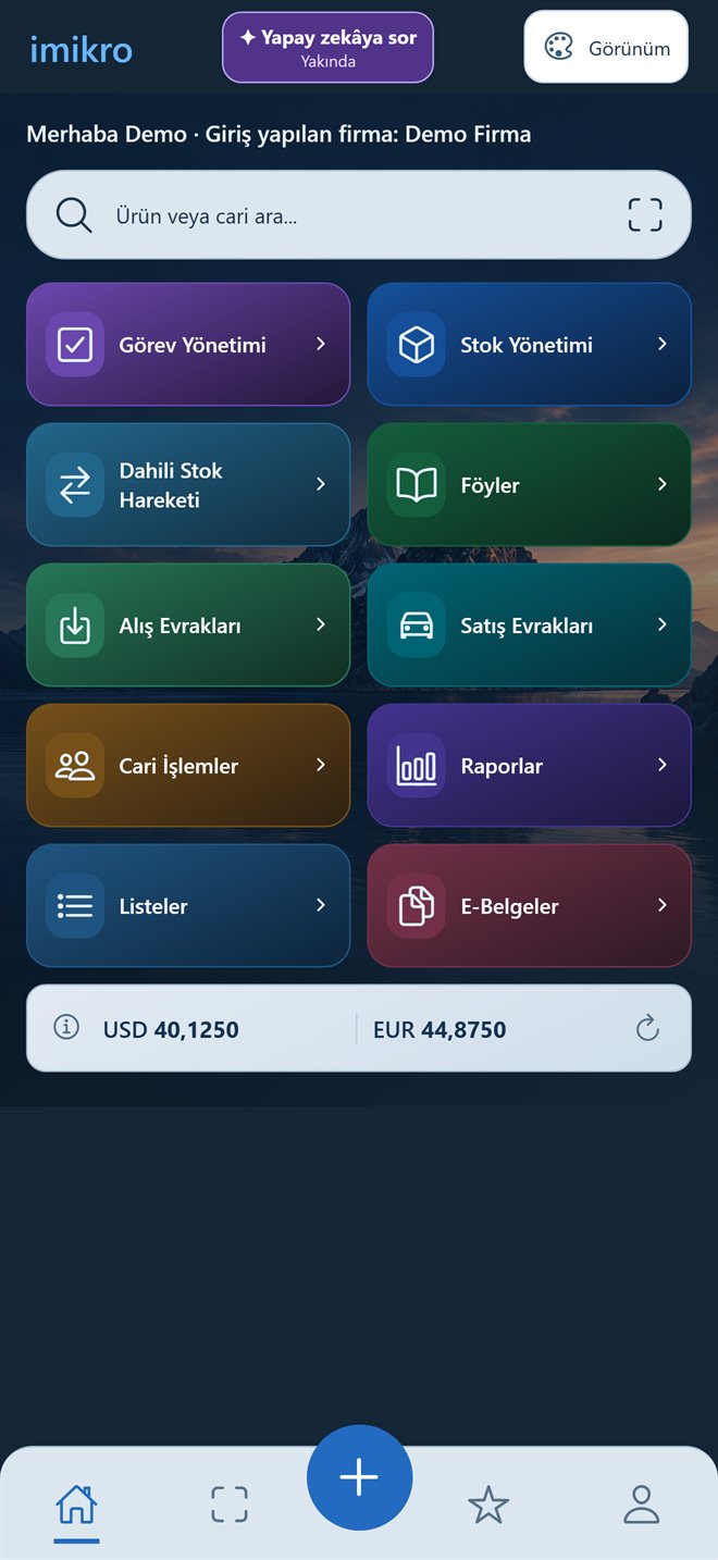 imikro ana sayfa: görev yönetimi, stok yönetimi, alış ve satış evrakları, cari işlemler, raporlar, listeler ve e-belgeler menüleri