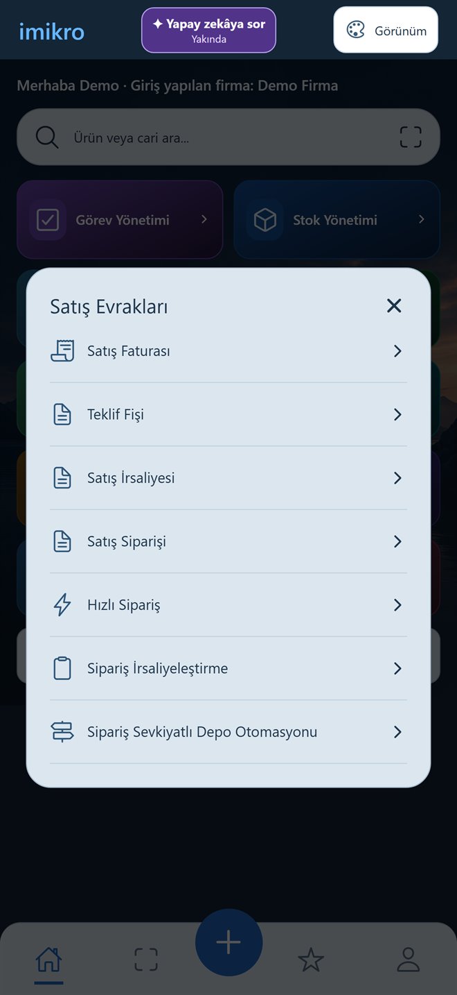 imikro satış evrakları menüsü: satış faturası, teklif fişi, satış irsaliyesi, satış siparişi, hızlı sipariş ve sipariş irsaliyeleştirme