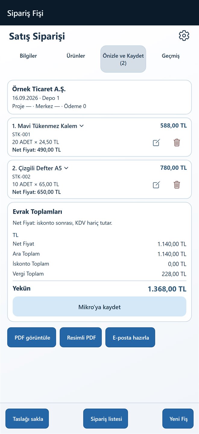 imikro satış siparişi önizleme ekranı: ürün satırları, evrak toplamları ve Mikro'ya kaydet düğmesi